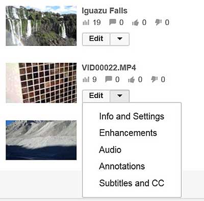 Annotations are available from the Edit dropdown adjacent to each of your videos.