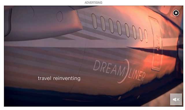 Figure 3. Ads larger than 400 x 300, like this 640x360 Boeing ad, won't get paused.