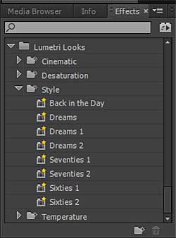 Figure 6. You can apply these canned Lumetri looks to your projects or create your own in SpeedGrade. 